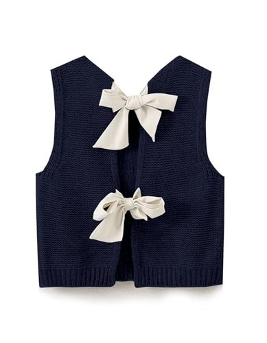 calbatic Women Cute Bow Sweater Vest Tie Back Knit Sleeveless Tank Tops Crew Neck Open Back Cardigan Fall Flowy Tops Navy Blue | Amazon (US)