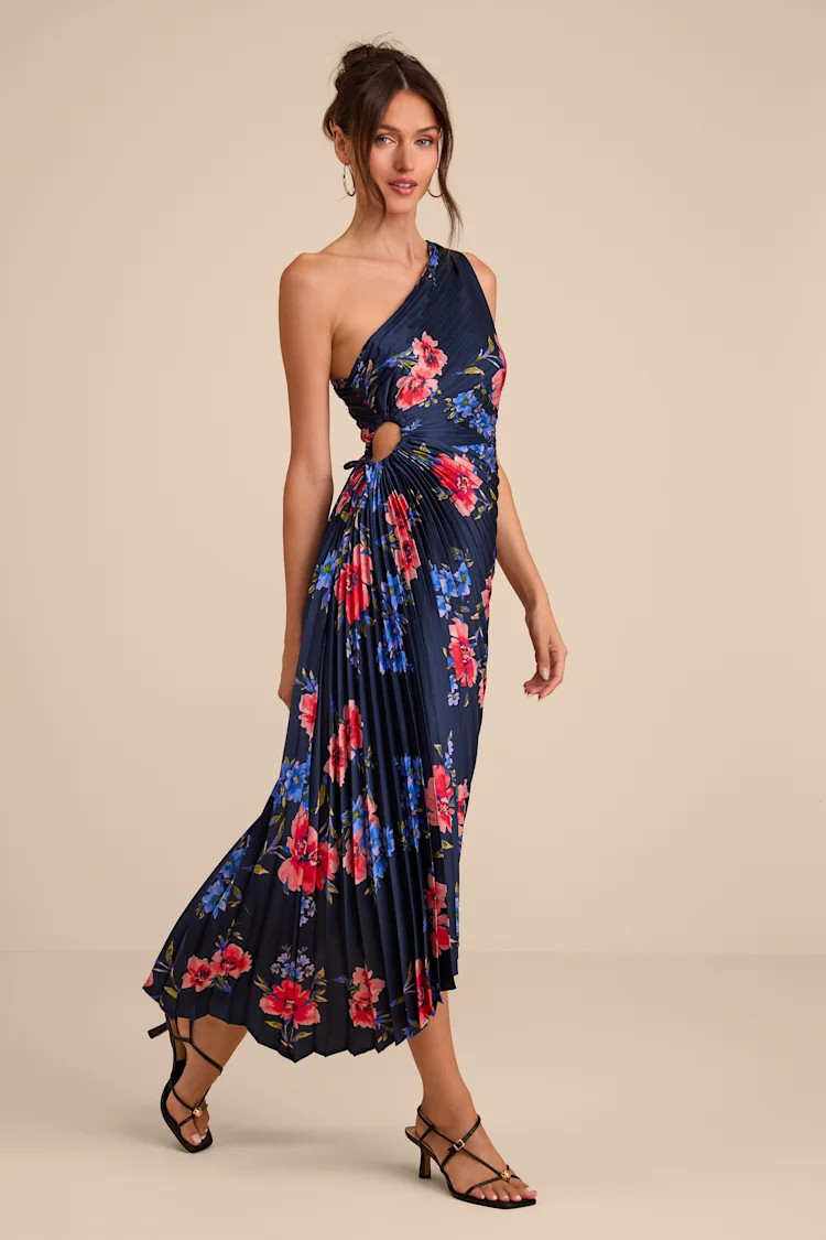 Mariella Navy Multi Floral Satin Pleated Midi Dress | Lulus