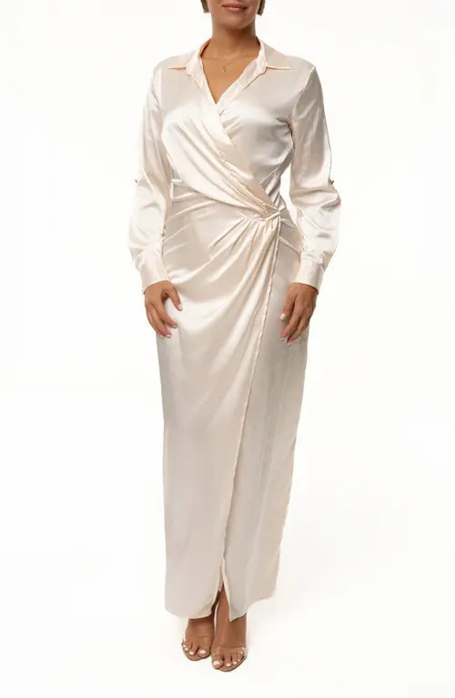 JLUXLABEL Front Wrap Long Sleeve Satin Maxi Dress in White at Nordstrom, Size Small | Nordstrom