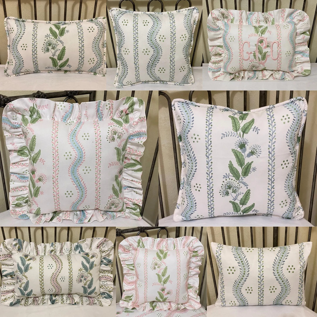 Stripes and Vines, Floral Bouquet Nursery Accent Pillow, Blue, Green, Pink Nursery Pillow - Etsy | Etsy (US)