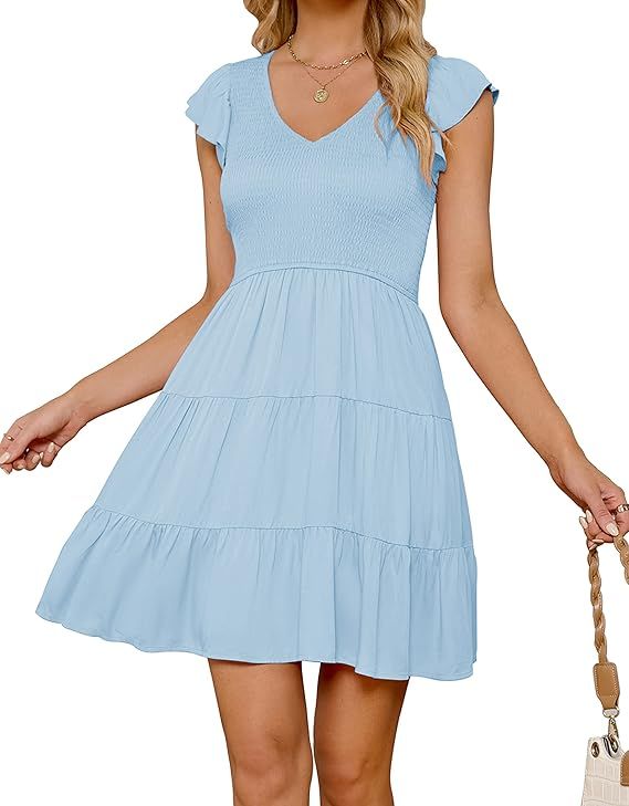 ZESICA Womens 2024 Summer Casual V Neck Flutter Sleeve Bohemian Ruffle Smocked A Line Swing Mini ... | Amazon (US)