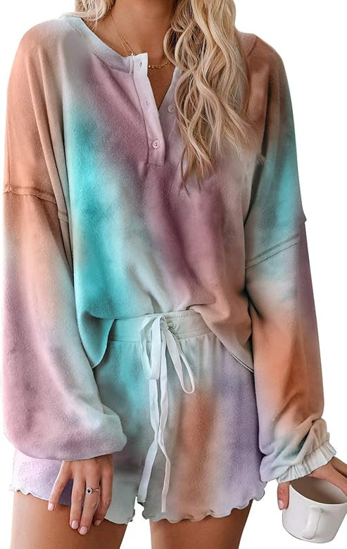 Women's Tie-Dye Pajama-Sets Long-Sleeve Tee Tops and Ruffle Short PJ Set Loungewear Nightwear Sle... | Amazon (US)