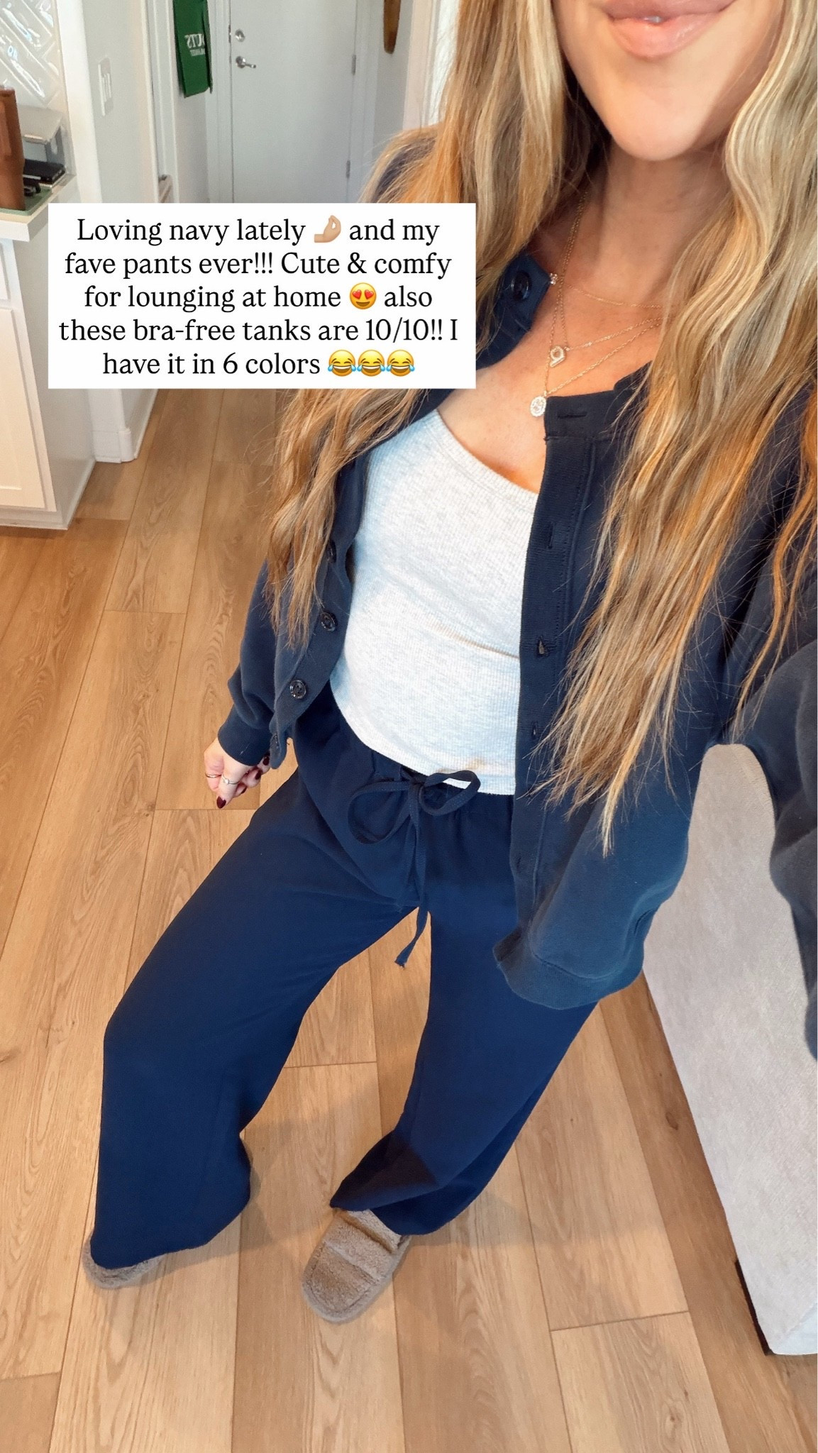 Comfy outfit! Wearing medium pants and medium cardigan and small tank
