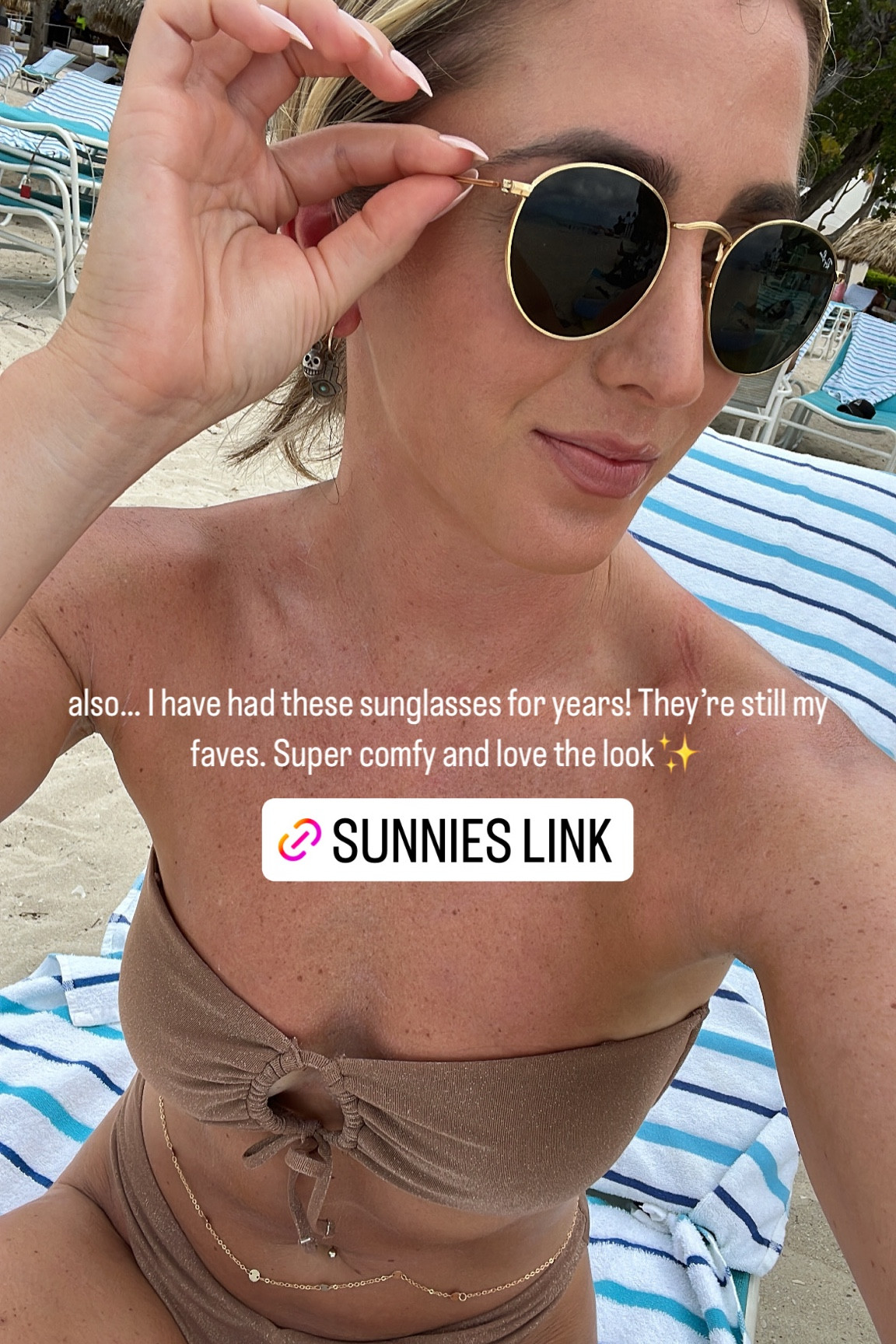 Beach day look! Sunglasses , bikini (runs tts) and bell chain 

#LTKswim #LTKunder50 #LTKunder100