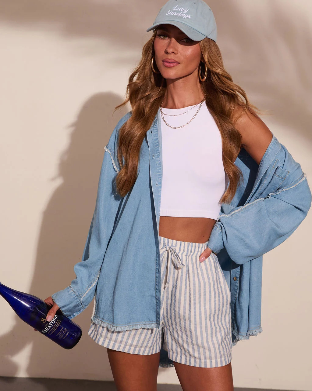 Daisee Frayed Trim Chambray Button Down Top | VICI