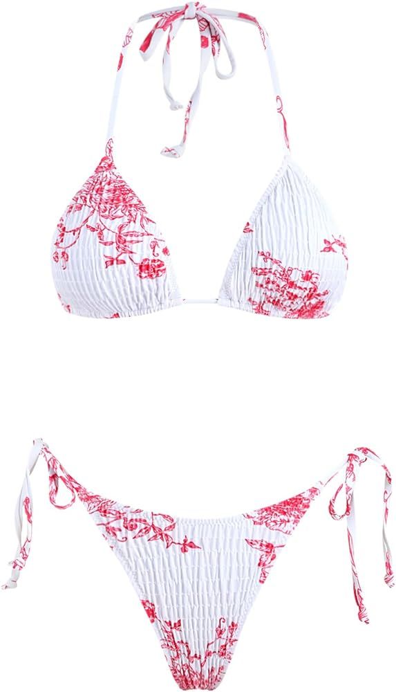 VOLAFA Women's Triangle Bikini String Swimsuit Print Tie Smocked Ruched Two Piece Bathing Suit Se... | Amazon (US)