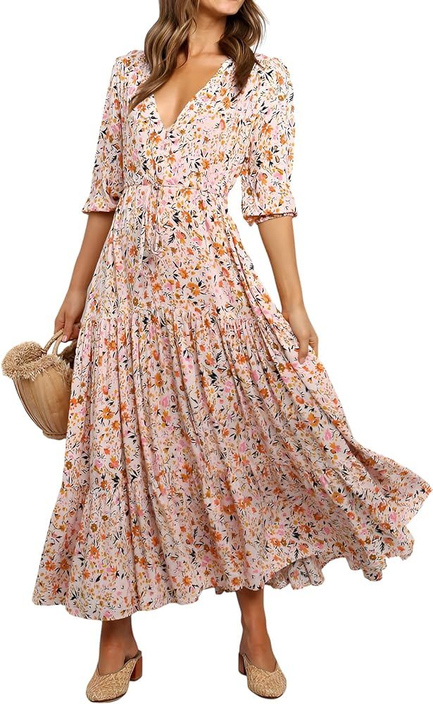 Women's Elegant Floral Print Short Sleeve Button Down Tiered Tea Maxi Dress with Pockets | Amazon (US)