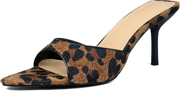 QIV Leopard Kitten Heels Pointed Toe Mule Heels for Women Open Toe Kitten Heel for Party Dressy Wedding | Amazon (US)