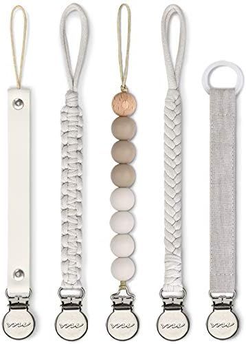 Amazon.com : Pacifier Clips for Baby Boys Girls-5 Pack Silicone Beads Leather Braided Rope Paci H... | Amazon (US)