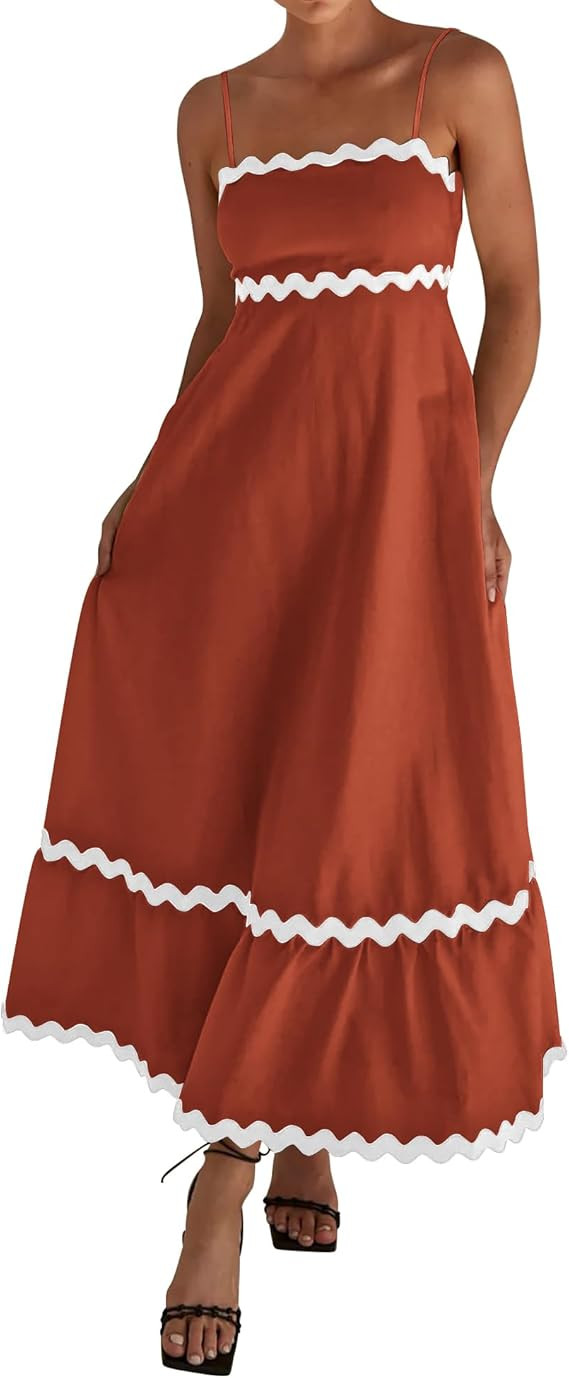 dowerme Women Summer Dresses 2024 Spaghetti Straps Sleeveless Smocked Rickrack Trim Boho Flowy Lo... | Amazon (US)