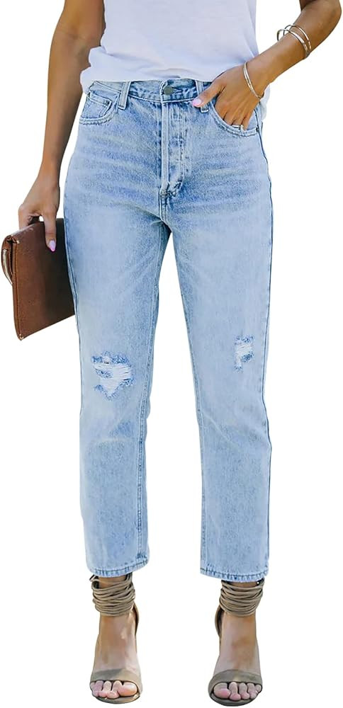 KUNMI Women's Ripped Mid Waisted Boyfriend Jeans Loose Fit Distressed Stretchy Denim Pants | Amazon (US)