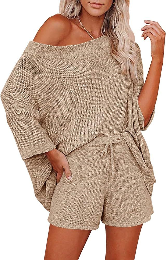 Mafulus Women's 2 Piece Outfits Sweater Set Off Shoulder Knit Top + Drawstring Waist Short Suits Cas | Amazon (US)