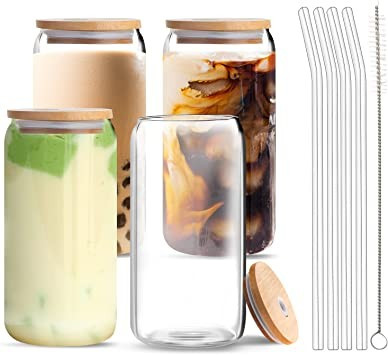 Amazon.com: Beer Can Glass with Bamboo Lids and Glass Straws, 4 Pack 16oz Drinking Glasses with L... | Amazon (US)