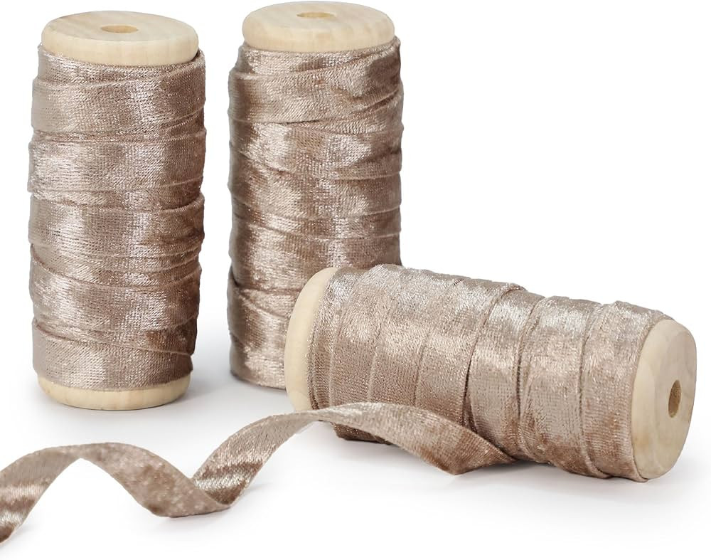 Velvet Champagne Ribbon Double-Sided Handmade Glossy Fabric Trim Wooden Spool Thin Ribbon for Chr... | Amazon (US)