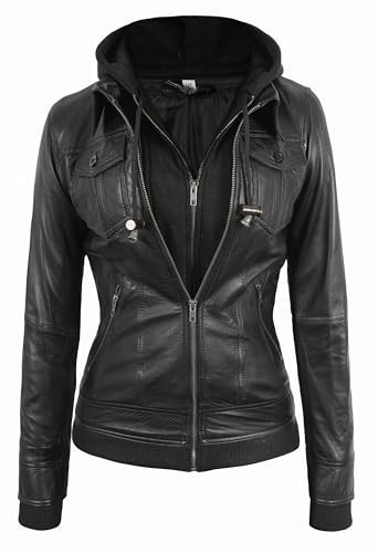III-Fashions Womens Hooded Leather Jacket - Black Leather Jacket Women, X-Large | Amazon (US)