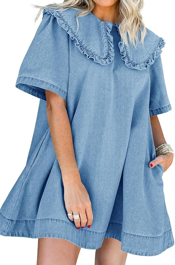 Wenrine Womens Summer Denim Mini Dress Oversized Peter Pan Collar Short Sleeve Casual Flowy Babyd... | Amazon (US)