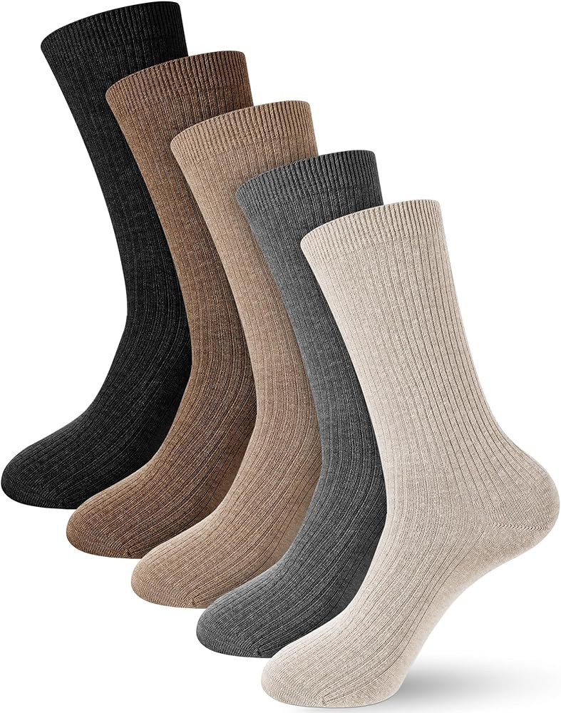 Shihanee 5 Pairs Wool Crew Socks for Women Soft Ribbed Knit Winter Warm Cotton Socks Neutral Aest... | Amazon (US)