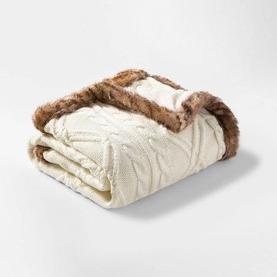 Cable Knit Throw Blanket with Mink Faux Fur Reverse and Faux Fur Trim - Threshold™ | Target