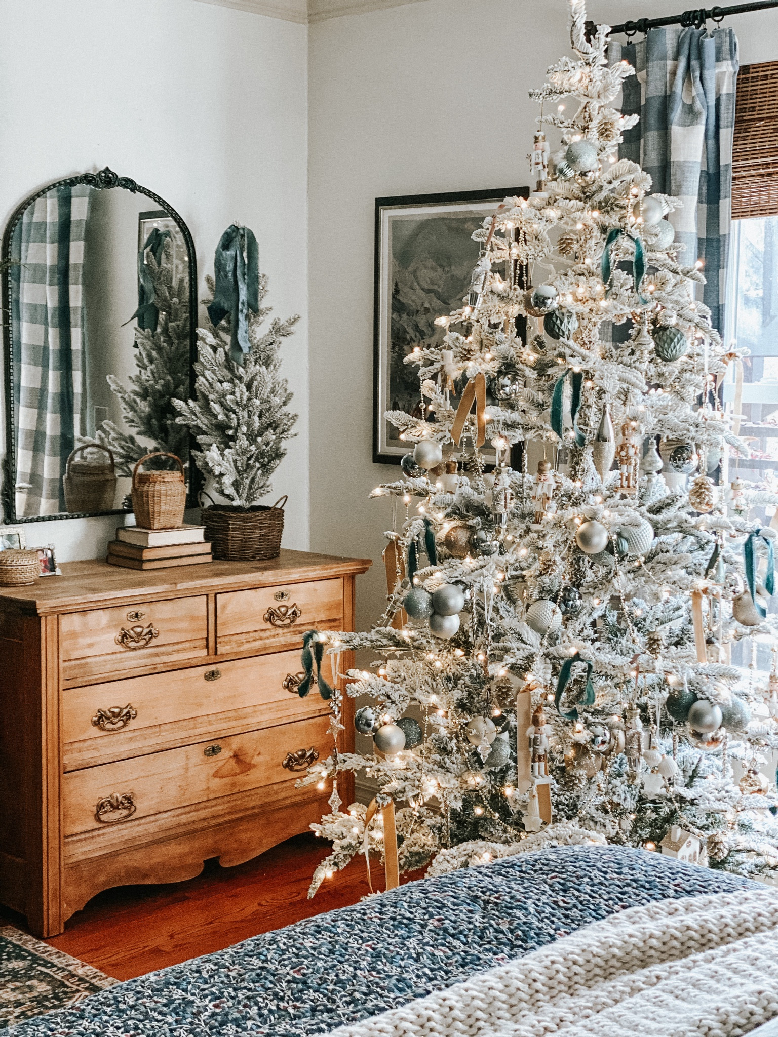 Flocked Christmas tree, prelit tree, curtains, Buffalo check curtain panels, arched mirror, black mirror, reversible quilt, blue ditsy floral print quilt, linen duvet, Christmas ornaments, neutral bedroom decor

#LTKsalealert #LTKHoliday #LTKhome