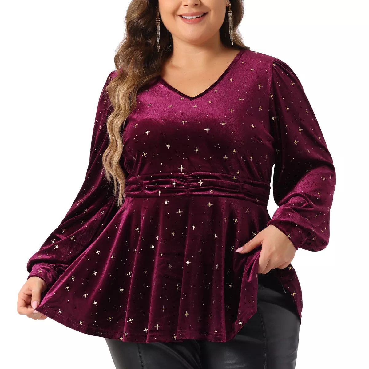 Agnes Orinda Women's Plus Size Elegant Shiny Gilding Metallic Stars Peplum V Neck Long Sleeve... | Target