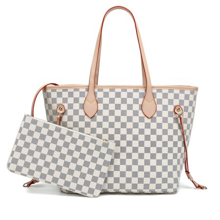 TWENTY FOUR Checkered Tote Shoulder Bag Women Crossbody Travel Satchel - PU Vegan Leather (White Che | Walmart (US)