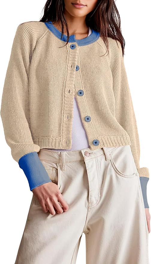 PUWEI Women's Color Block Cardigan Sweaters Button-Up Long Sleeve Cropped Knited Jacket Casual Ro... | Amazon (US)