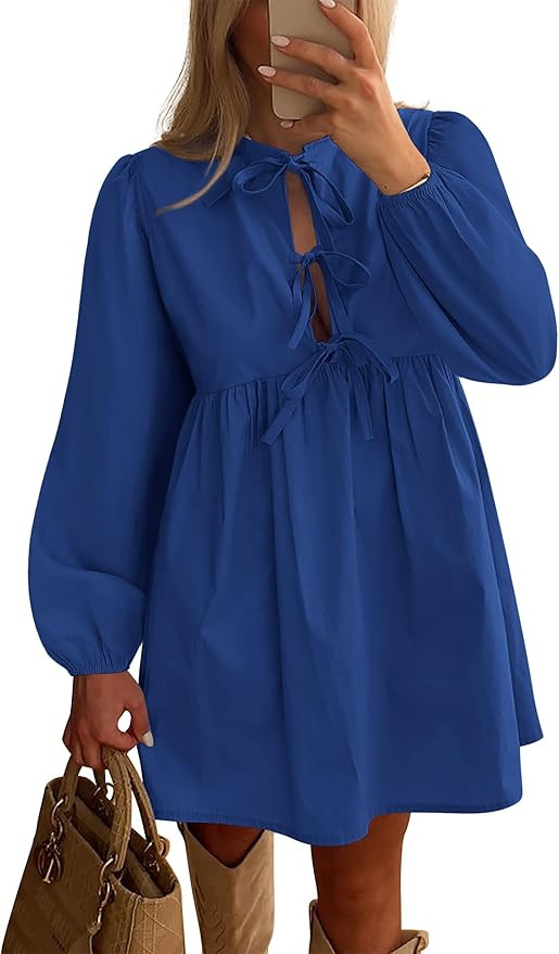BTFBM Women's Casual Short Dress 2025 Bow Tie Front Puff Long Sleeve Button A Line Cute Y2K Going... | Amazon (US)