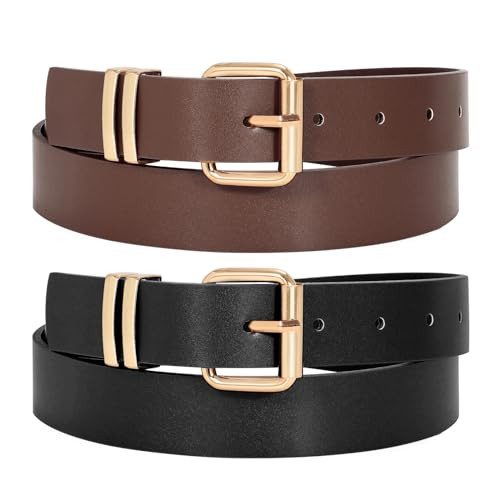 JASGOOD 2 Pack Women Belts for Jeans Ladies Leather Waist Belt for Pants Dresses with Gold Buckle | Amazon (US)