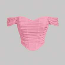 Off Shoulder Fish Bone Decoration Ruched Waist Pink Mesh Top | SHEIN