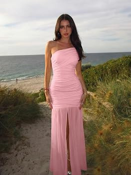 LAGSHIAN Women's Elegant Formal Long Dress One Shoulder Sleeveless Ruched Bodycon Evening Dress | Amazon (US)