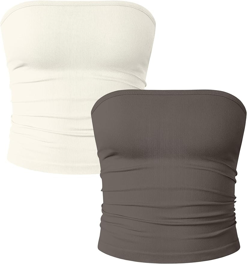 OQQ Womens 2 Piece Tube Tops Strapless Basic Sleeveless Stretch Classic-Fit Shirts Sexy Crop Tops | Amazon (US)