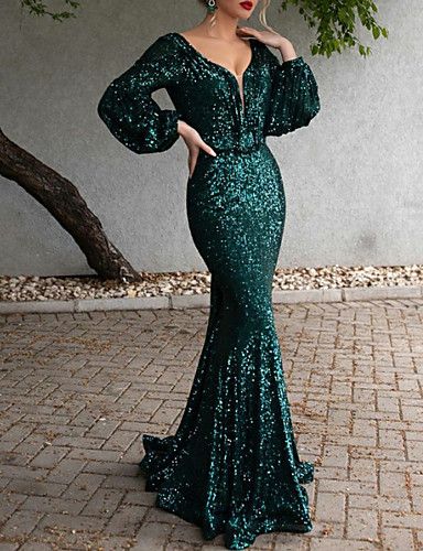 Mermaid / Trumpet Open Back Formal Evening Dress Plunging Neck Long Sleeve Sweep / Brush Train Po... | Light in the Box