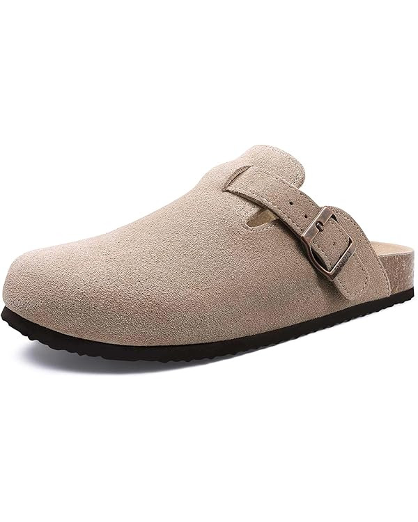 Women's Suede Clogs Soft Cork Footbed Leather Mules Comfort Potato Shoes with Arch Support | Amazon (US)