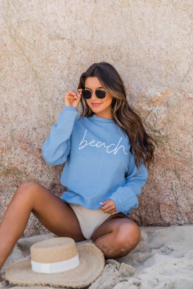 Beach Script Blue Corded Graphic Sweatshirt | Pink Lily