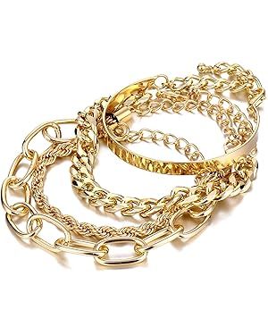 IFKM Gold Bracelets for Women, 14K Gold Plated Dainty Layered Chain Bracelets Adjustable Cute Ban... | Amazon (US)