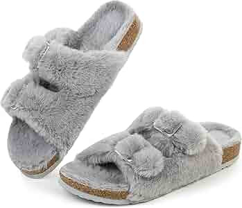 FITORY Womens Open Toe Slipper with Cozy Lining,Faux Rabbit Fur Cork Slide Sandals Size 6-11 | Amazon (US)