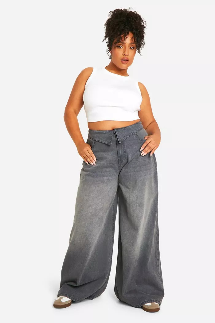 Plus Denim Fold Over Waistband Detail Wide Leg Pants | boohoo (US & Canada)