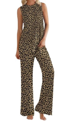 PrinStory Womens Pajamas Sets Lounge Sets for Women Sleeveless Pajama Set 2 Piece Pjs Soft Loungewear with Pockets FP-LD Khaki-L | Amazon (US)