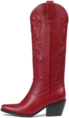 Women's Cowboy Knee High Boots Chunky Heel Western Cowgirl Boots | Comfortable Knee High Cowgirl ... | Amazon (US)