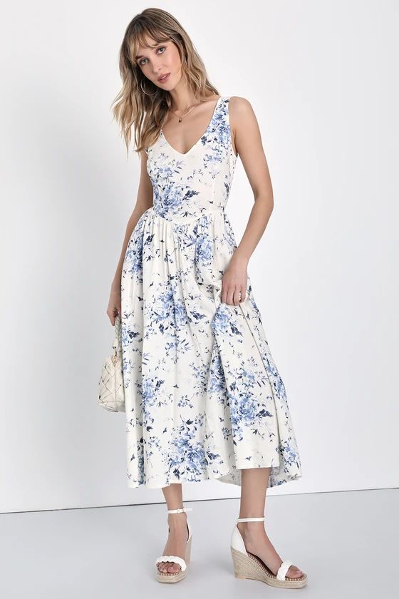 Delicate Dream Ivory Floral Print V-Neck Sleeveless Midi Dress | Lulus (US)