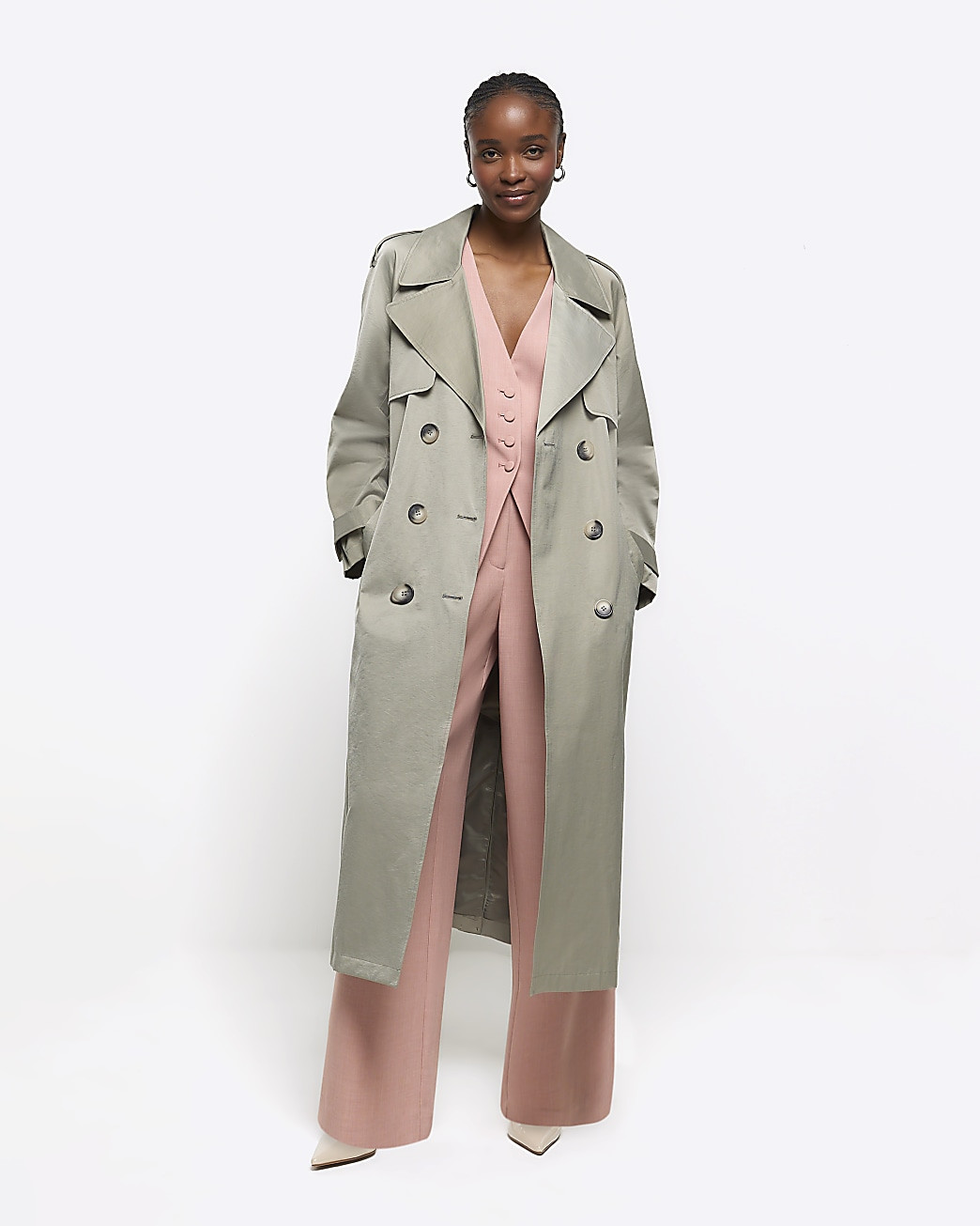Khaki satin belted longline trench coat | River Island (UK & IE)