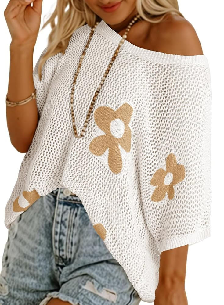 Dokotoo Womens Floral Fashion Summer Tops 2025 Short Sleeve Crochet Sweaters Swimsuit Cover Ups L... | Amazon (US)