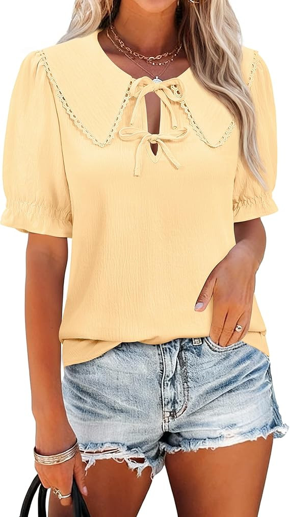 siliteelon Women's Short Puff Sleeve Ruffle Tops Bow Tie Front Shirts Peter Pan Collar 2026 Summe... | Amazon (US)