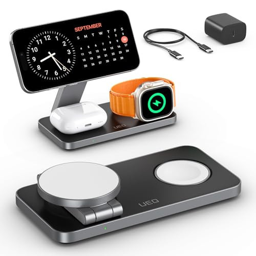 UEQ Foldable 3 in 1 Wireless Charging Station for Apple Compatible with Magsafe Charger Stand,Magnetic Wireless Charger Station for iPhone 16 15 14 13 12 Series,Airpods Pro,Apple Watch(Black) | Amazon (US)