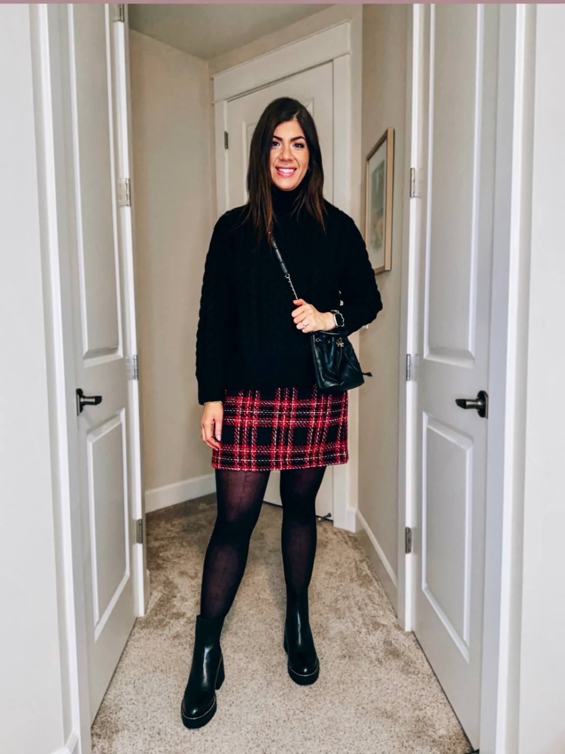 Midsize Holiday look 
Cable knit sweater-medium 
Plaid skirt-10
Tights-medium
Boots-tts
Coat-medium (added similar) 

#LTKsalealert #LTKHoliday #LTKmidsize