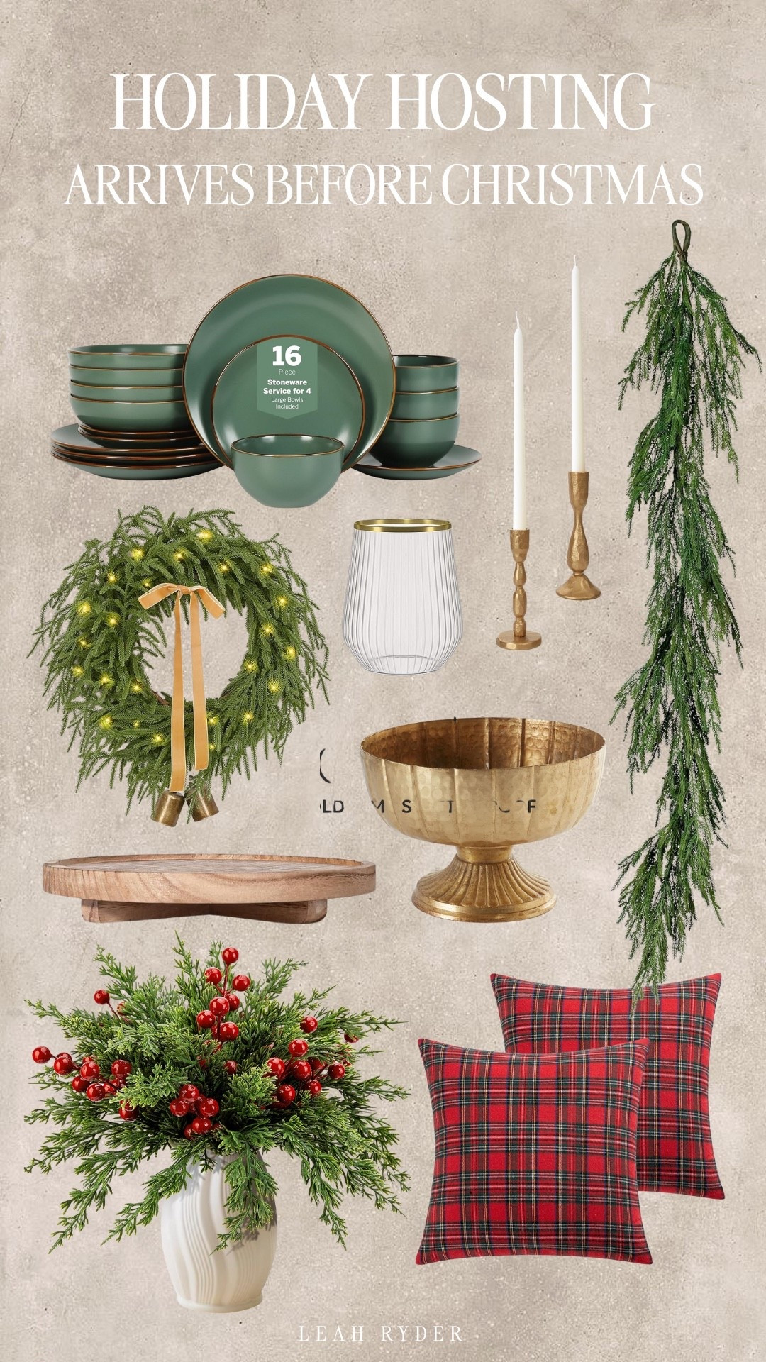This holiday hosting roundup highlights Amazon decor and tabletop pieces that ship fast. The stoneware dinner set adds a rich green tone to Christmas tablescapes. Gold accents like candleholders and serving bowls create a warm, elevated look for entertaining. Garlands, lit wreaths, and plaid pillows bring in classic holiday texture that feels cozy and festive.


#LTKHoliday #LTKSeasonal #LTKmomlife