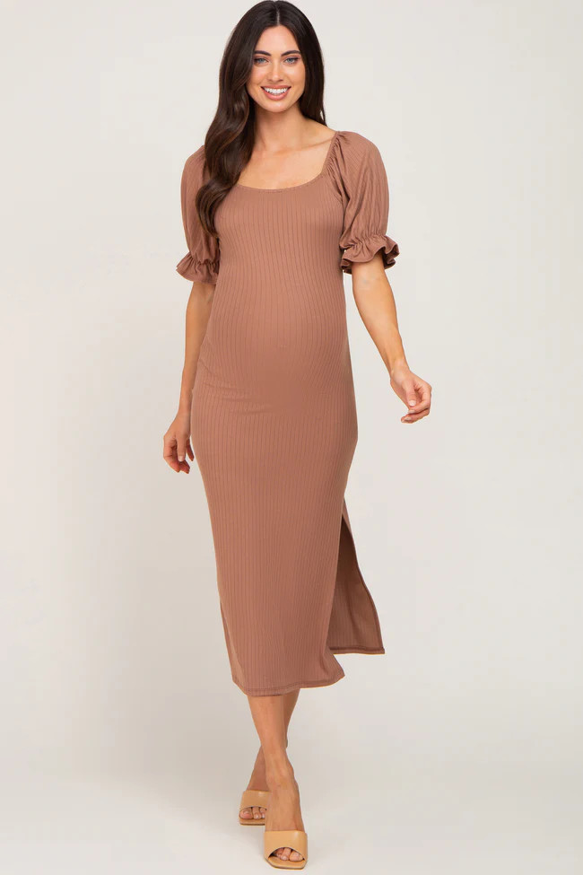 Mocha Ribbed Puff Sleeve Side Slit Maternity Midi Dress | PinkBlush Maternity