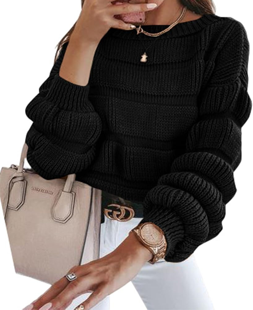 PRETTYGARDEN Women's Fall Sweaters Casual Crew Neck Pullover Long Puff Sleeve Loose Plain Chunky ... | Amazon (US)