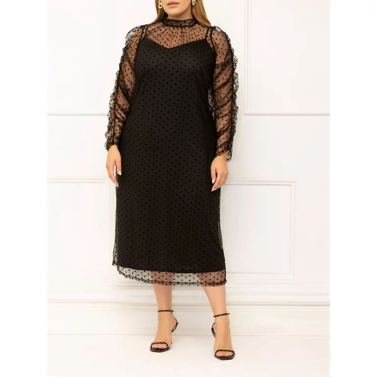 ELOQUII Elements Women's Plus Size Swiss Dot Midi Dress | Walmart (US)