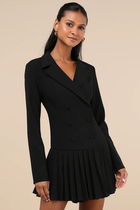 Posh Vision Black Long Sleeve Blazer Pleated Mini Dress | Lulus